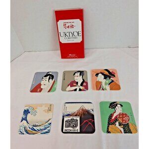 VTG 1970s Ricoh Ukiyo-e Coaster Set Japan Camera Art Mt Fuji Actors 3.75" EUC
